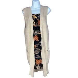 H&M Cream Long Sleeveless Knit Cardigan Layering Duster Vest Size Medium